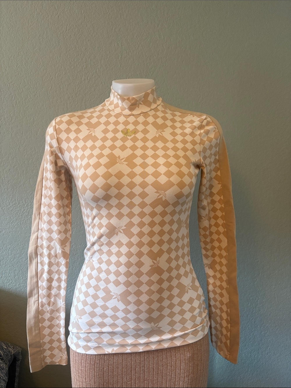 Beige Checker Long-Sleeve Mock Neck Women's Top